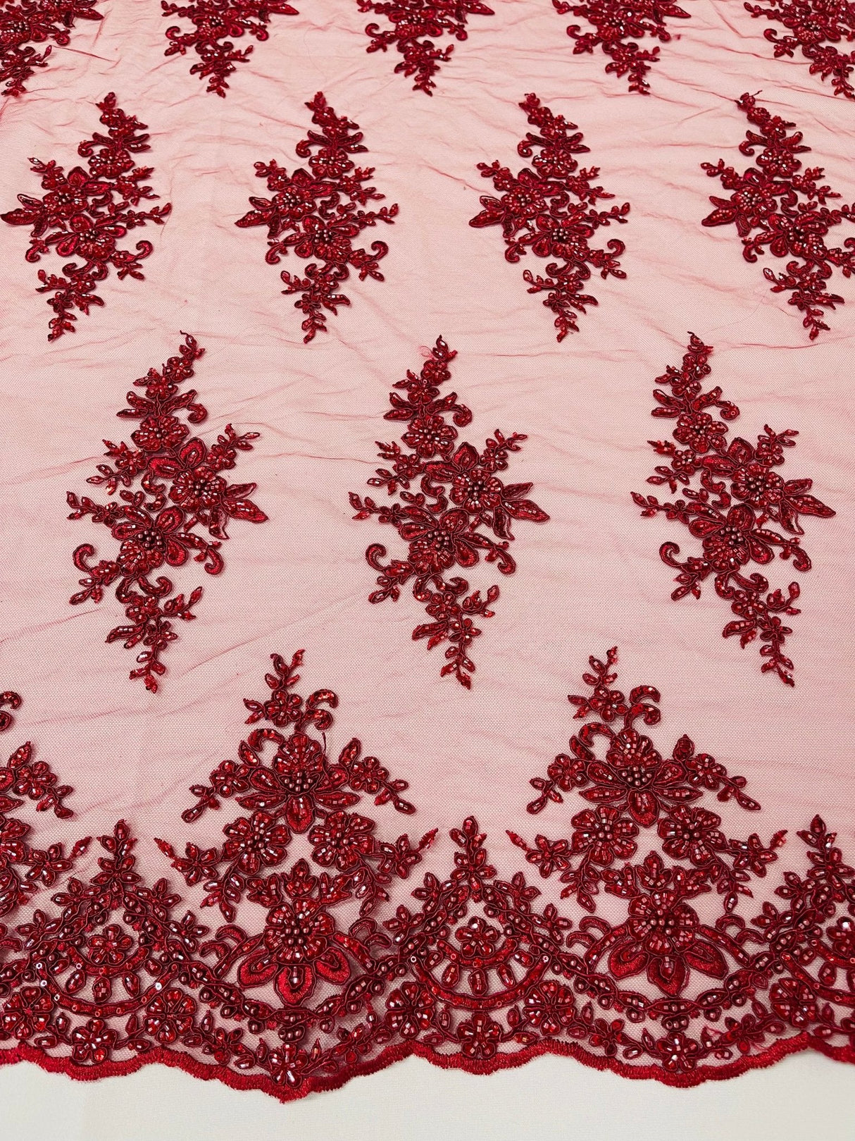 Small Floral Damask Beaded Lace Fabric - Floral Damask, 54" Width (1 Yard)