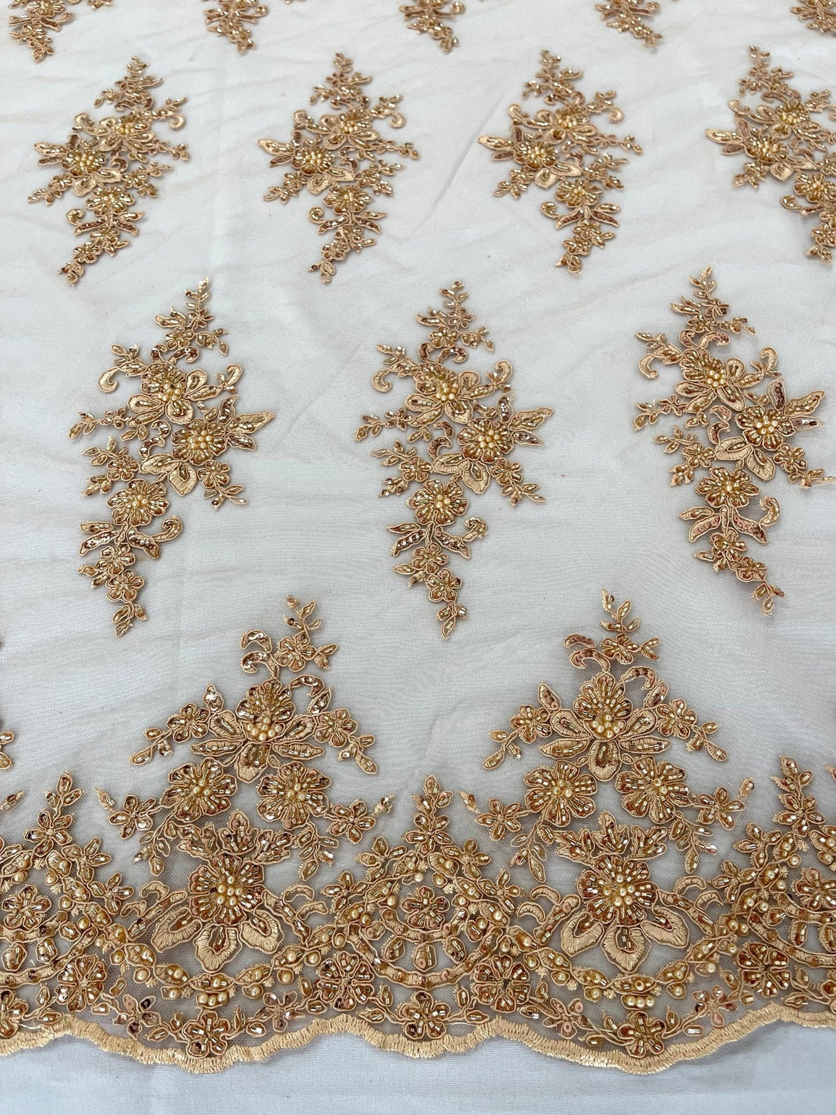 Small Floral Damask Beaded Lace Fabric - Floral Damask, 54" Width (1 Yard)