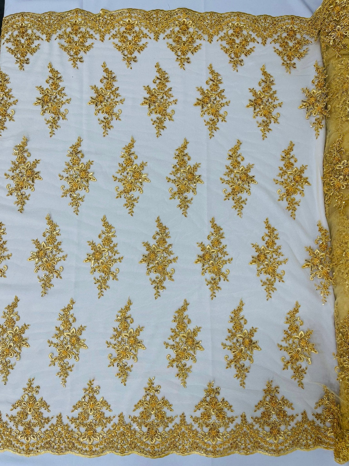 Small Floral Damask Beaded Lace Fabric - Floral Damask, 54" Width (1 Yard)