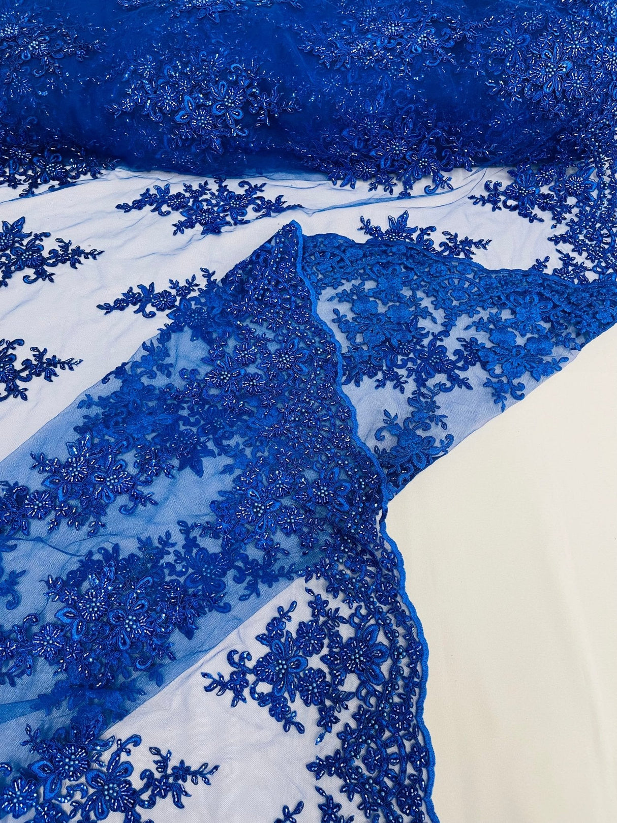 Small Floral Damask Beaded Lace Fabric - Floral Damask, 54" Width (1 Yard)