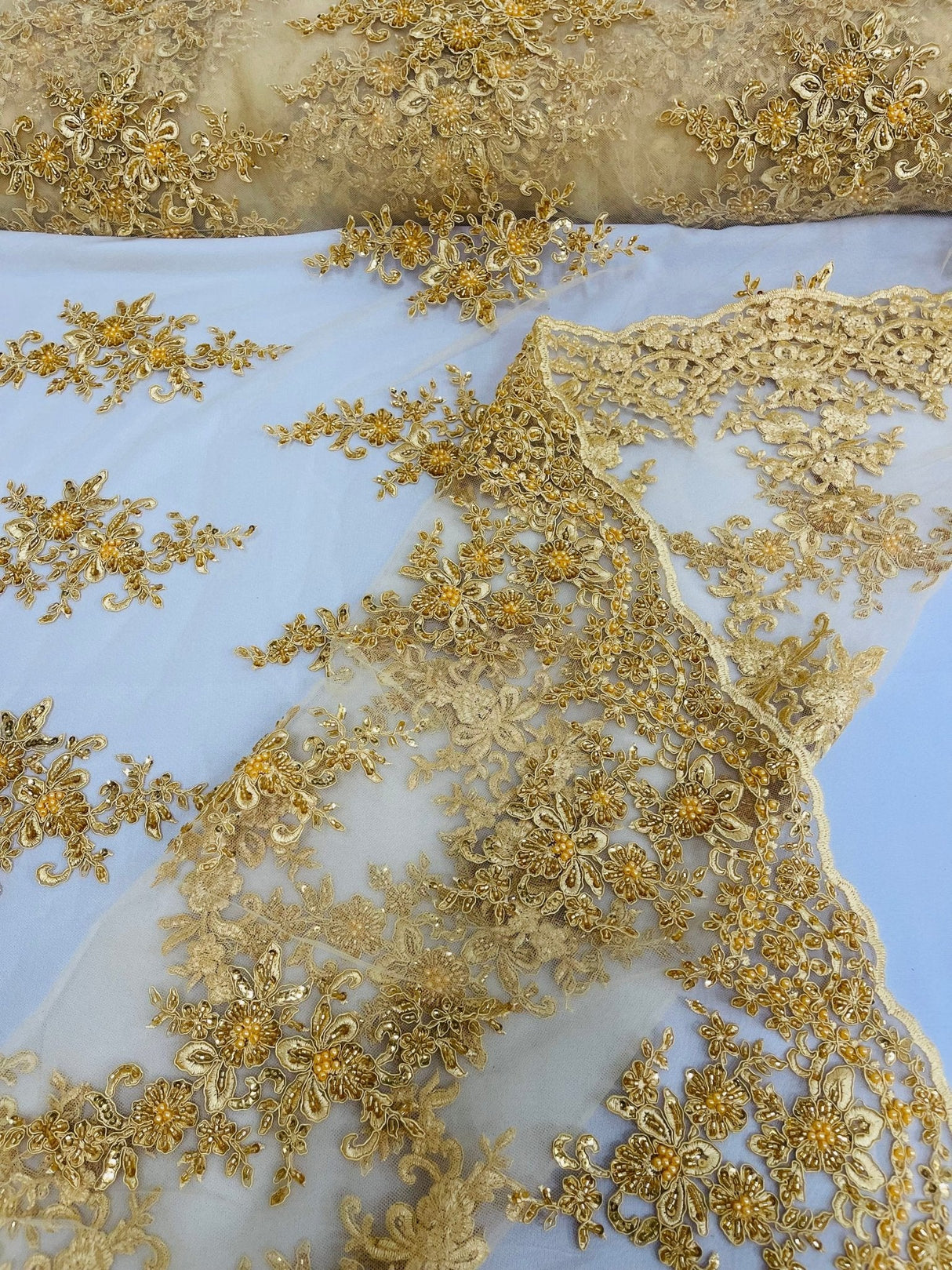 Small Floral Damask Beaded Lace Fabric - Floral Damask, 54" Width (1 Yard)