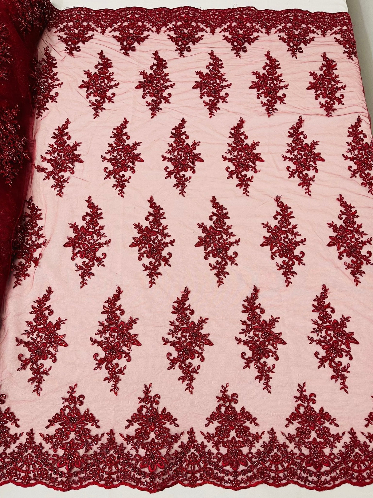 Small Floral Damask Beaded Lace Fabric - Floral Damask, 54" Width (1 Yard)