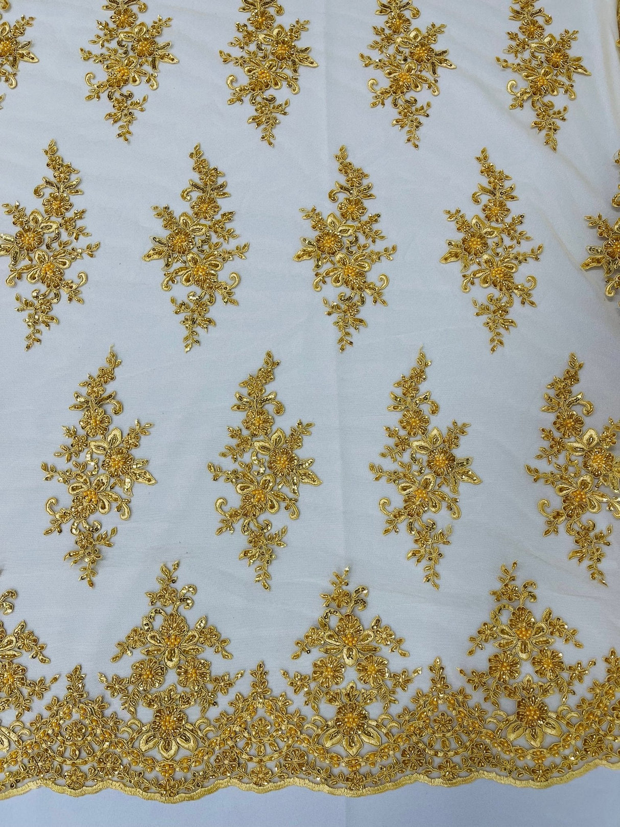 Small Floral Damask Beaded Lace Fabric - Floral Damask, 54" Width (1 Yard)