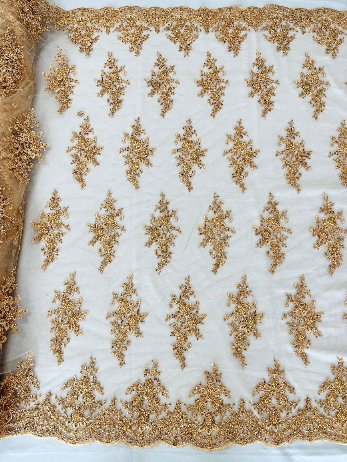 Small Floral Damask Beaded Lace Fabric - Floral Damask, 54" Width (1 Yard)