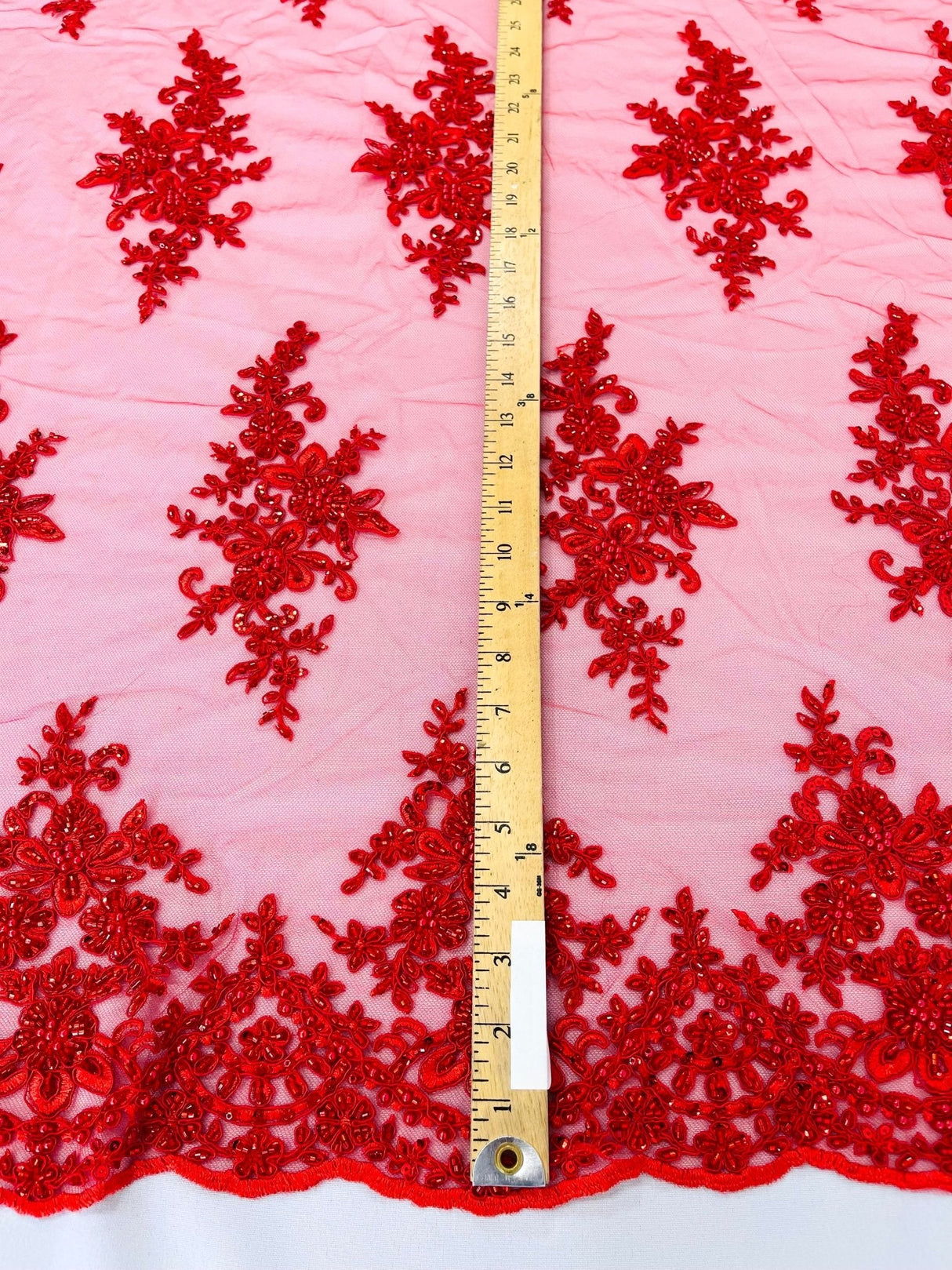 Small Floral Damask Beaded Lace Fabric - Floral Damask, 54" Width (1 Yard)