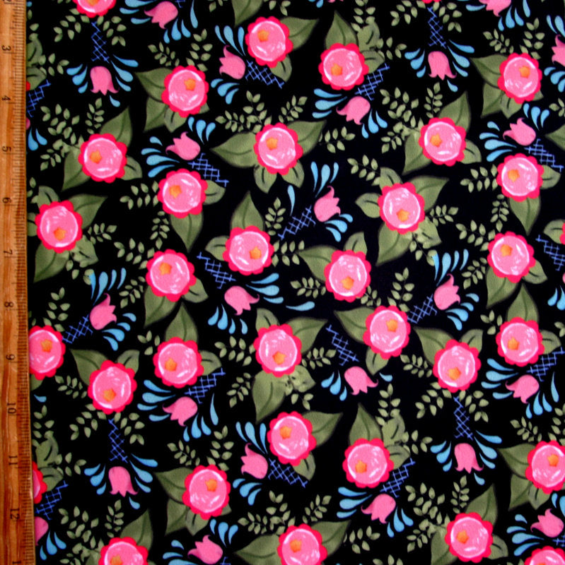 Swim Knit Floral Spray on Black Nylon Lycra