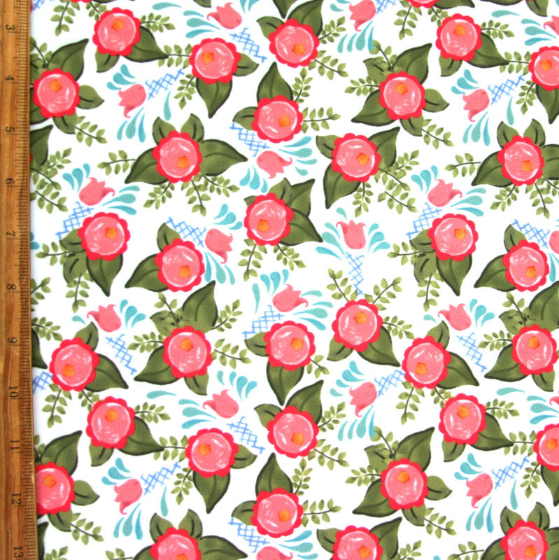 Swim Knit Floral Spray on White Nylon Lycra
