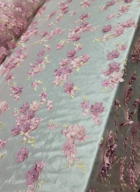 3D Floral Lace on Mesh Pink and Blush