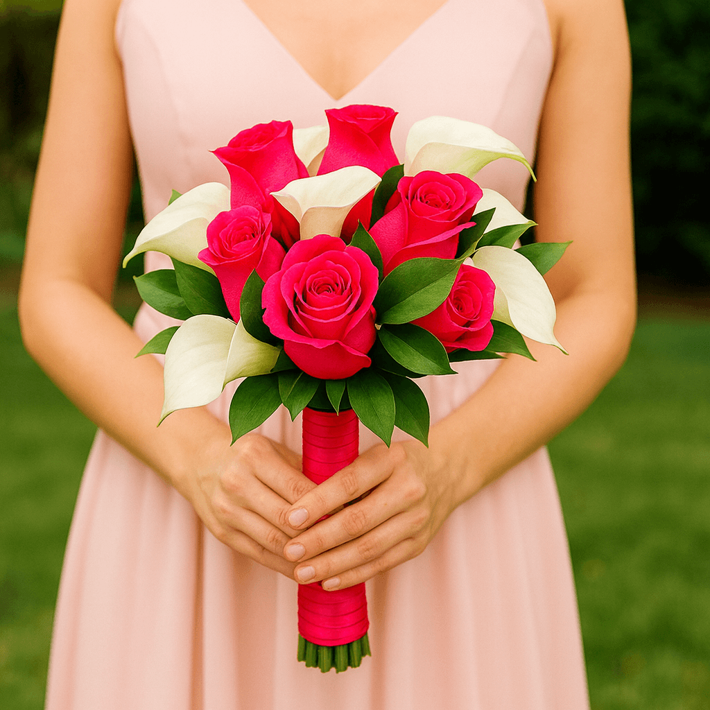 Dark Pink Roses White Calla Lilies Bridesmaids Bouquets 3 Sets Fresh Flowers 26 Stems Each