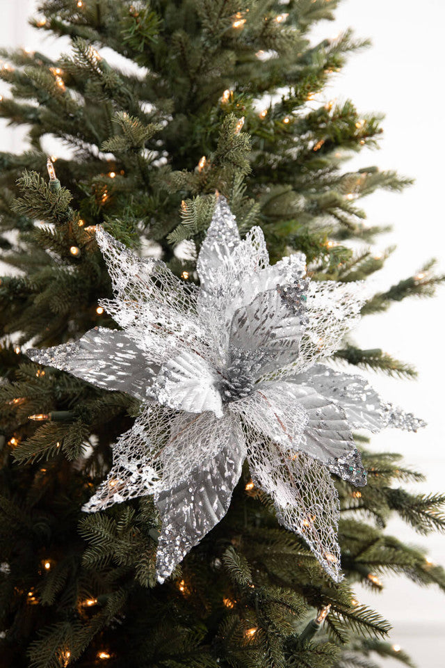 22 Inch x 14 Inch Velvet Sheer Poinsettia Stem – Silver | Luxurious White Christmas Elegance