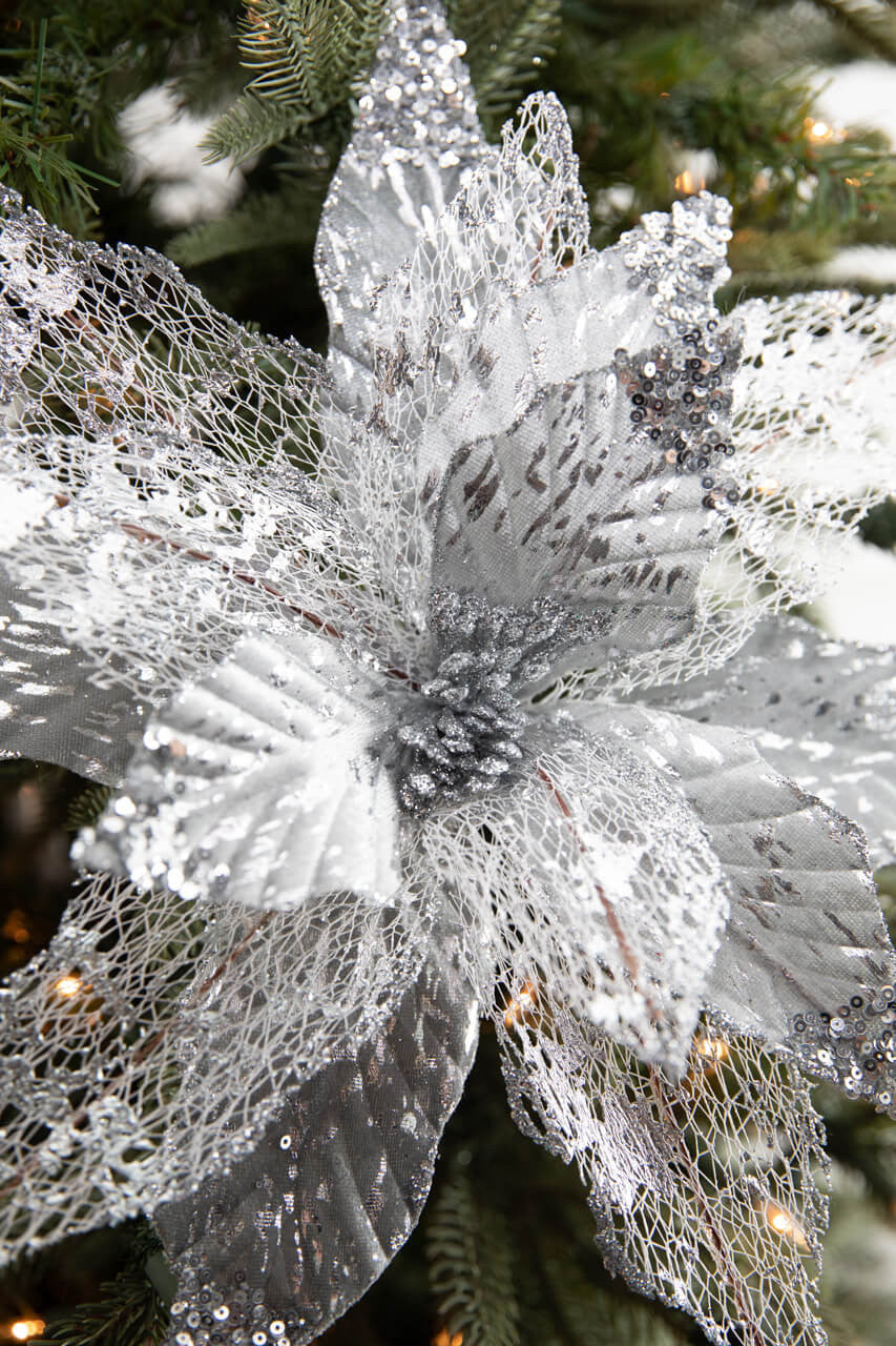 22 Inch x 14 Inch Velvet Sheer Poinsettia Stem – Silver | Luxurious White Christmas Elegance