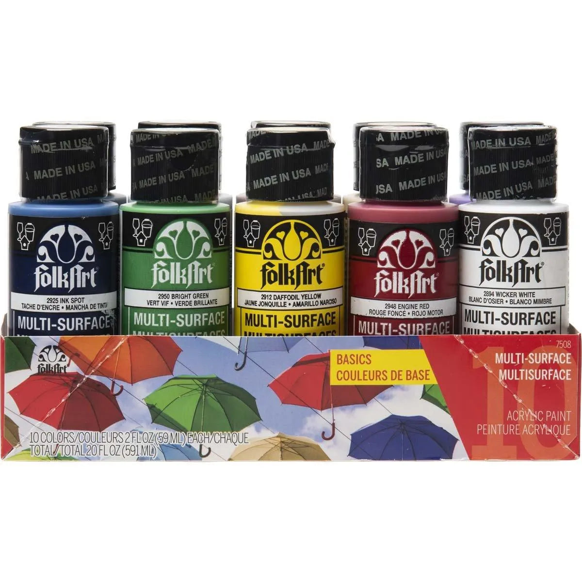 FolkArt Multi-Surface Acrylic Paint - Basic Set (10 Set - 2 oz Bottles)