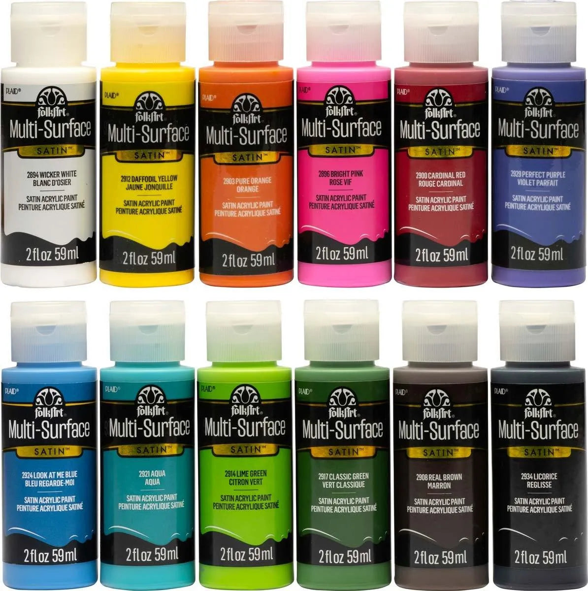 FolkArt Multi-Surface Acrylic Paint - Satin Set 1 (12 Set - 2 oz Bottles)