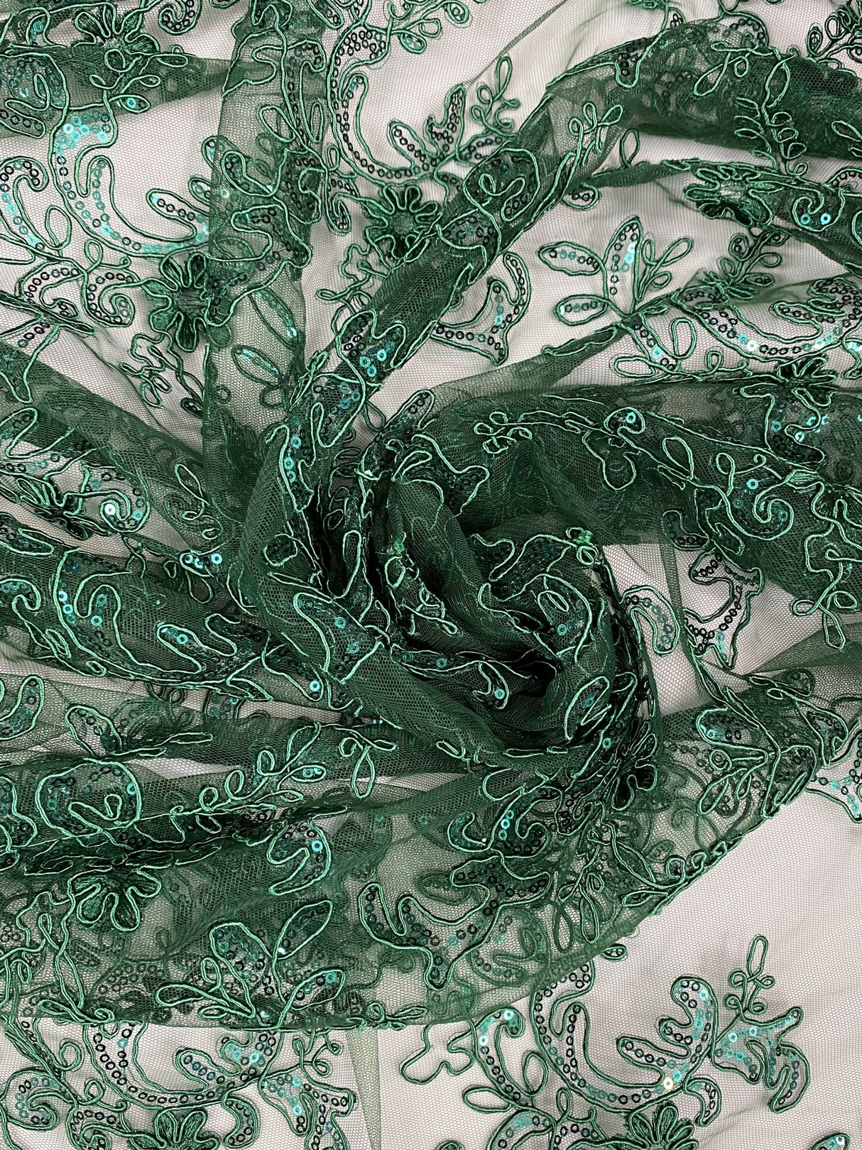 Elena's Lace Hunter Polyester Fabric - Corded Mesh Embroidered With Sequins, Hunter Green, Double Scalloped Edge, 54" Width (1 Yard)