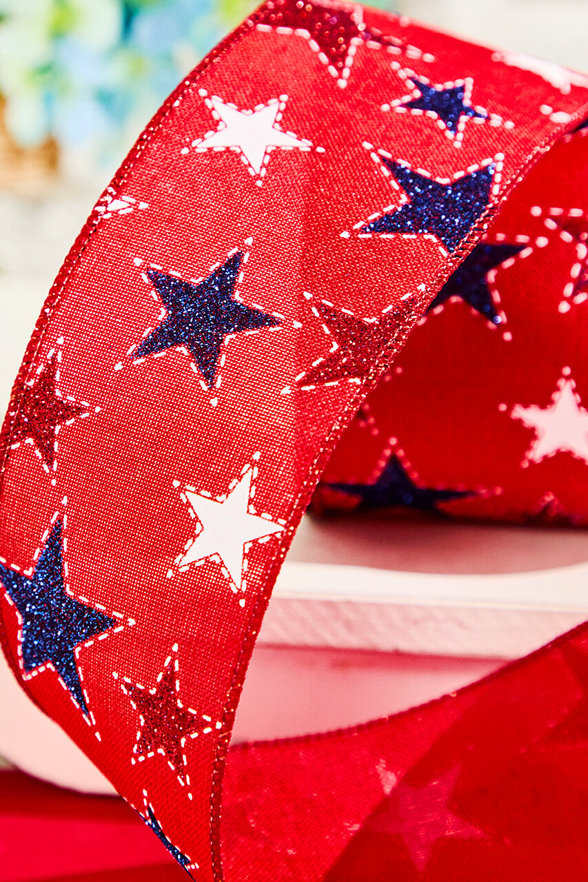 2.5" x 10 Yard Red Ribbon with White & Blue Stars