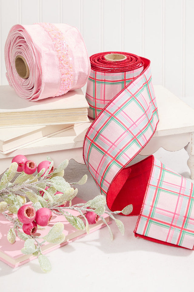 4 Inch x 10 Yard Red Green Pink Plaid Wired Christmas Ribbon Festive Gift Wrap Holiday Decor