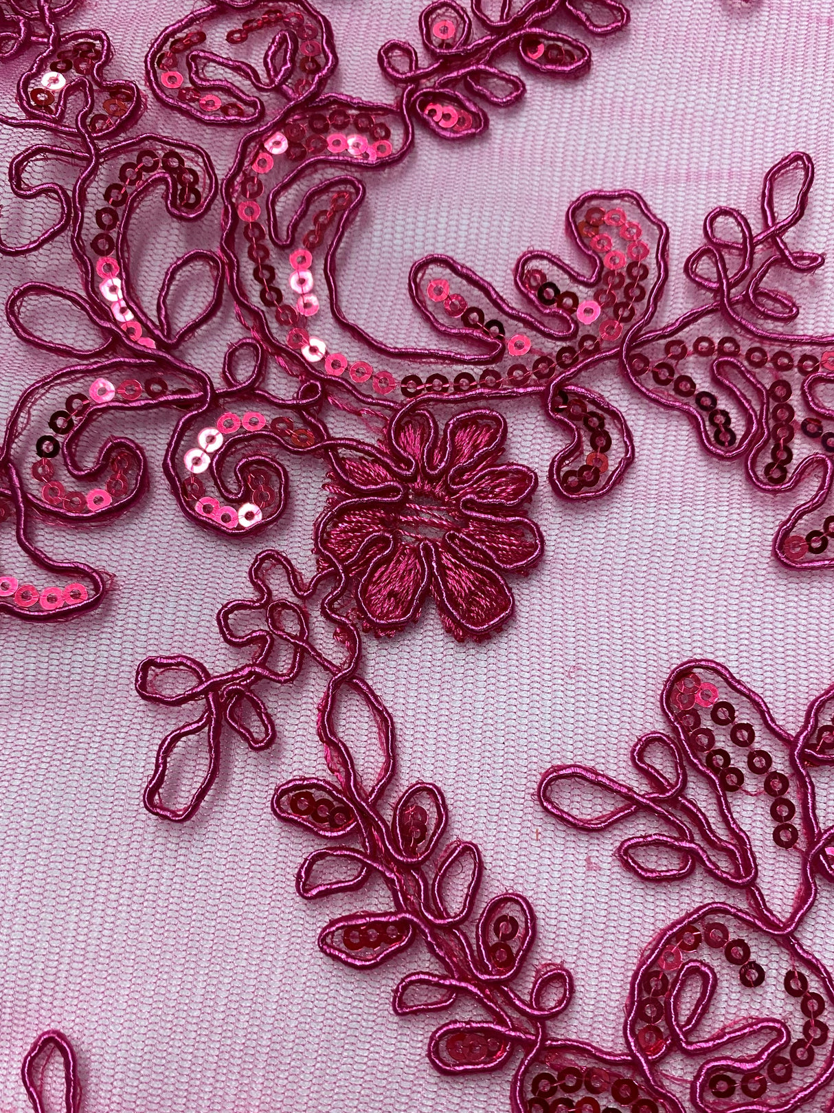 Elena's Lace Fuchsia Polyester Lace Fabric - Fuchsia Corded Mesh Embroidered With Sequins, Double Scalloped Edge, 54" Width (1 Yard)