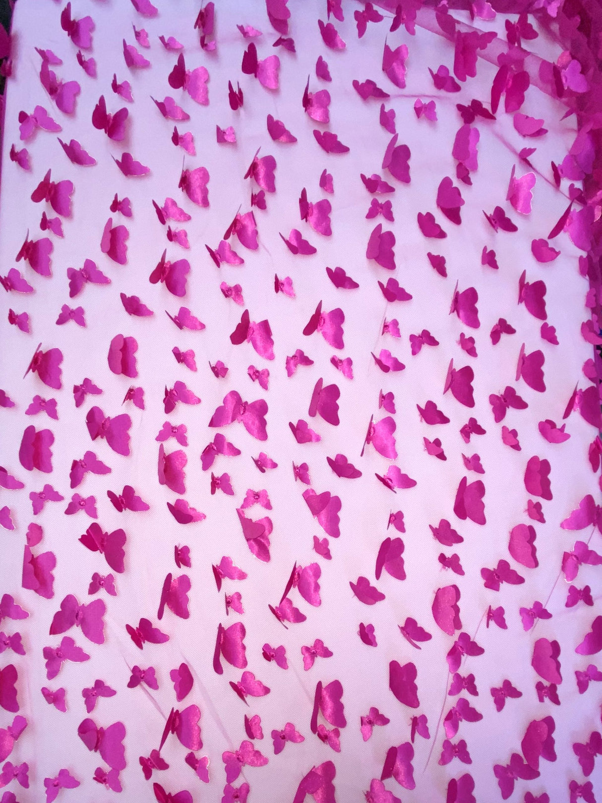 3D Butterflies Fuchsia Polyester Mesh Fabric - Satin Butterflies, Fuchsia, 54" Width