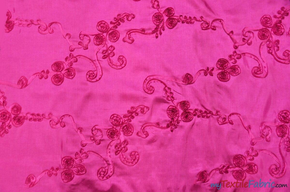 Ribbon Taffeta Polyester Fabric - Embroidered Ribbon Cord, Multiple Colors, 54" Width (1 Yard)
