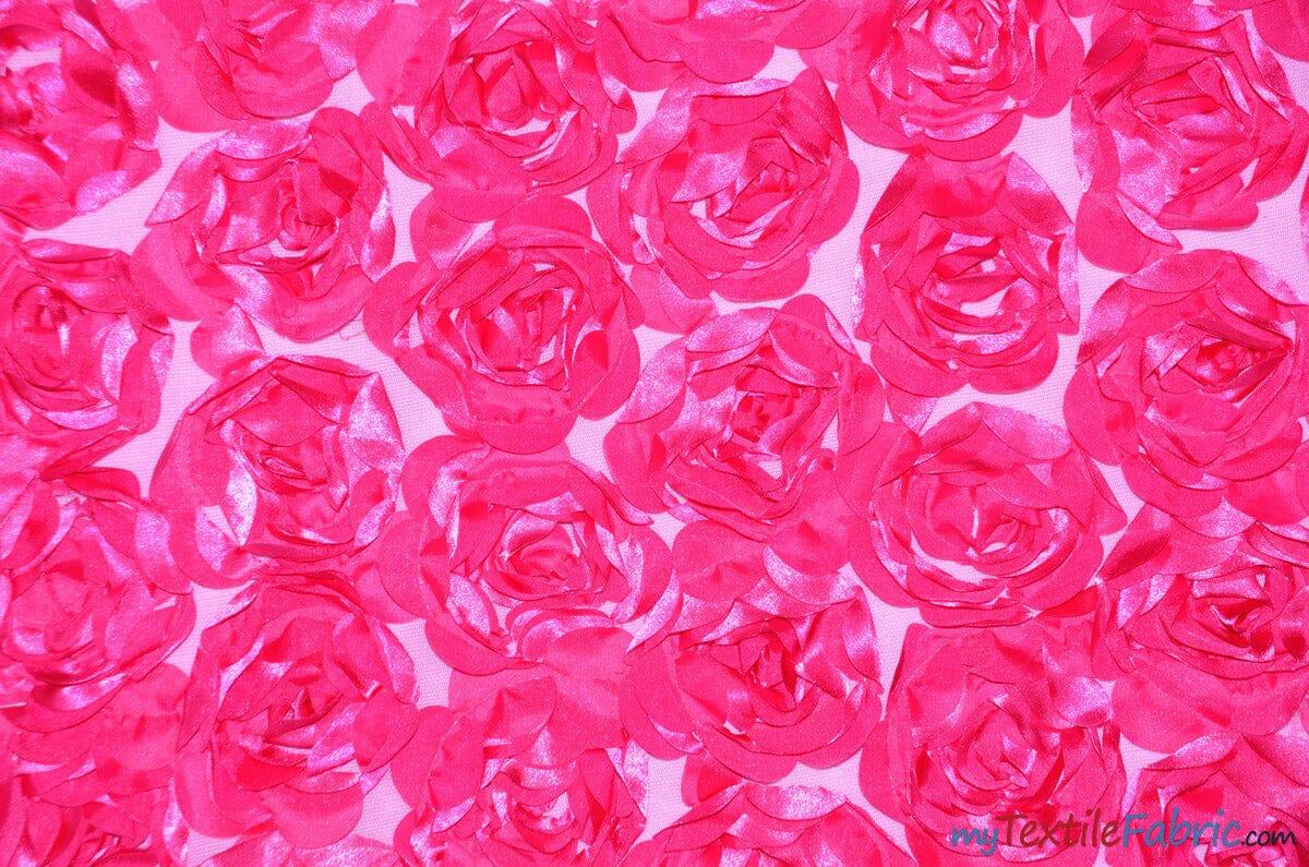 Rosette Satin Bordeaux Polyester Fabric - 3D Floral Satin Embroidered On A Mesh, Bordeaux, 52" Width (1 Yard)