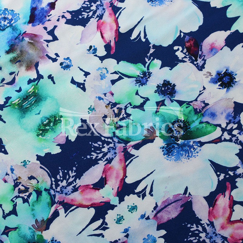 Full Bloom Nylon Spandex Fabric - Blue/Neon Pink, Floral Print, 58/60" Width (1 Yard)