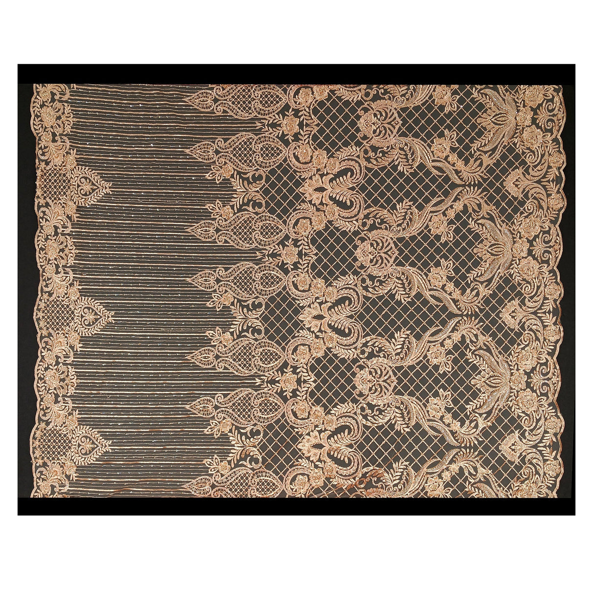 Beaded Lace Fabric - Embroidered 100 Percent Polyester Net Mesh, Floral Baroque Scalloped Edge, 52" Width (1 Yard)