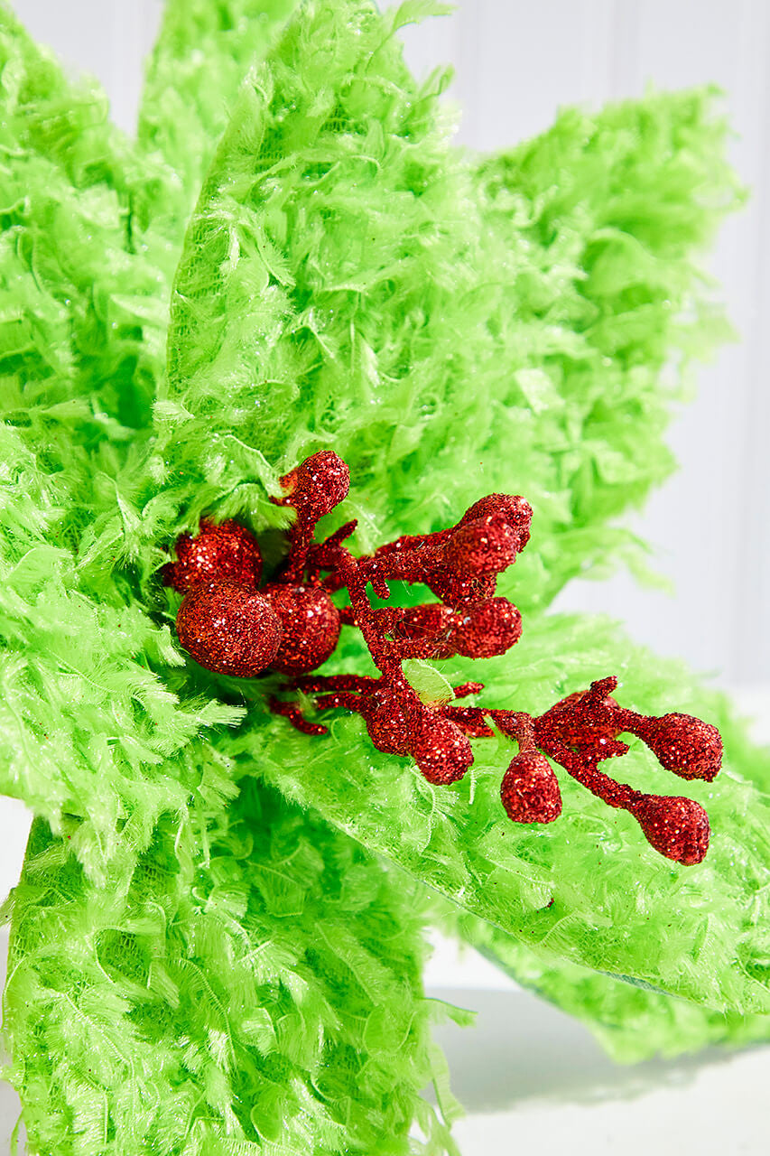 11 Inch Green Furry Feather Fabric Poinsettia