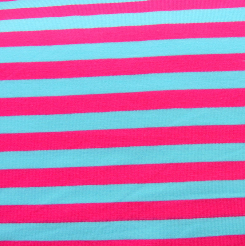 Cotton Lycra Knit Fabric Turquoise Blue and Fuschia Stripe