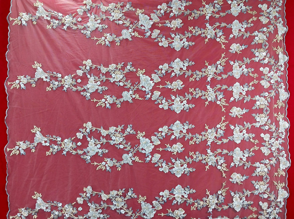 Beaded Lace Fabric on Polyester Net Mesh 54"