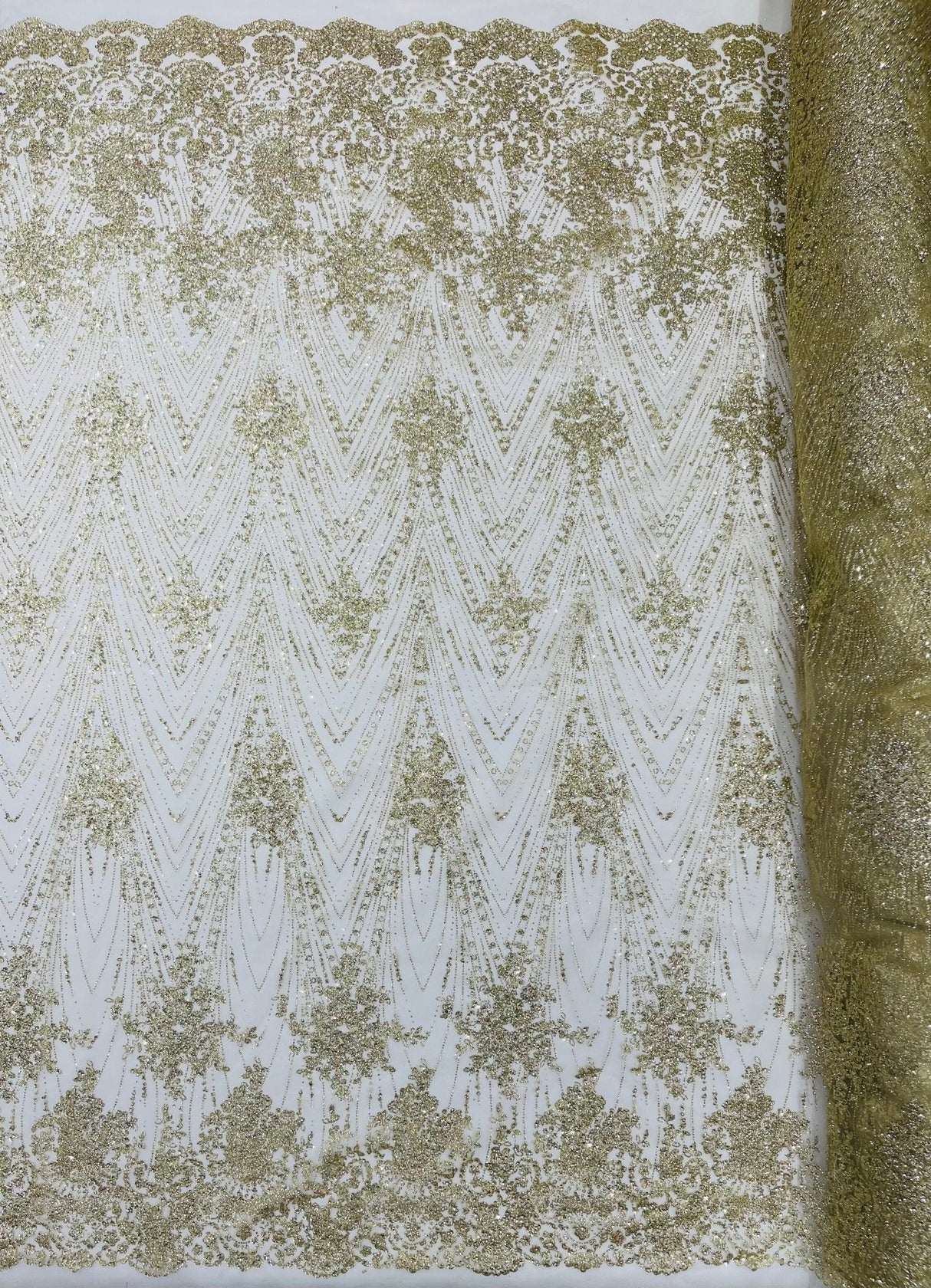 Geometric Damask Glitter Design Mesh Lace Fabric - Brown, Gold, Silver, Champagne, 54" Width (1 Yard)