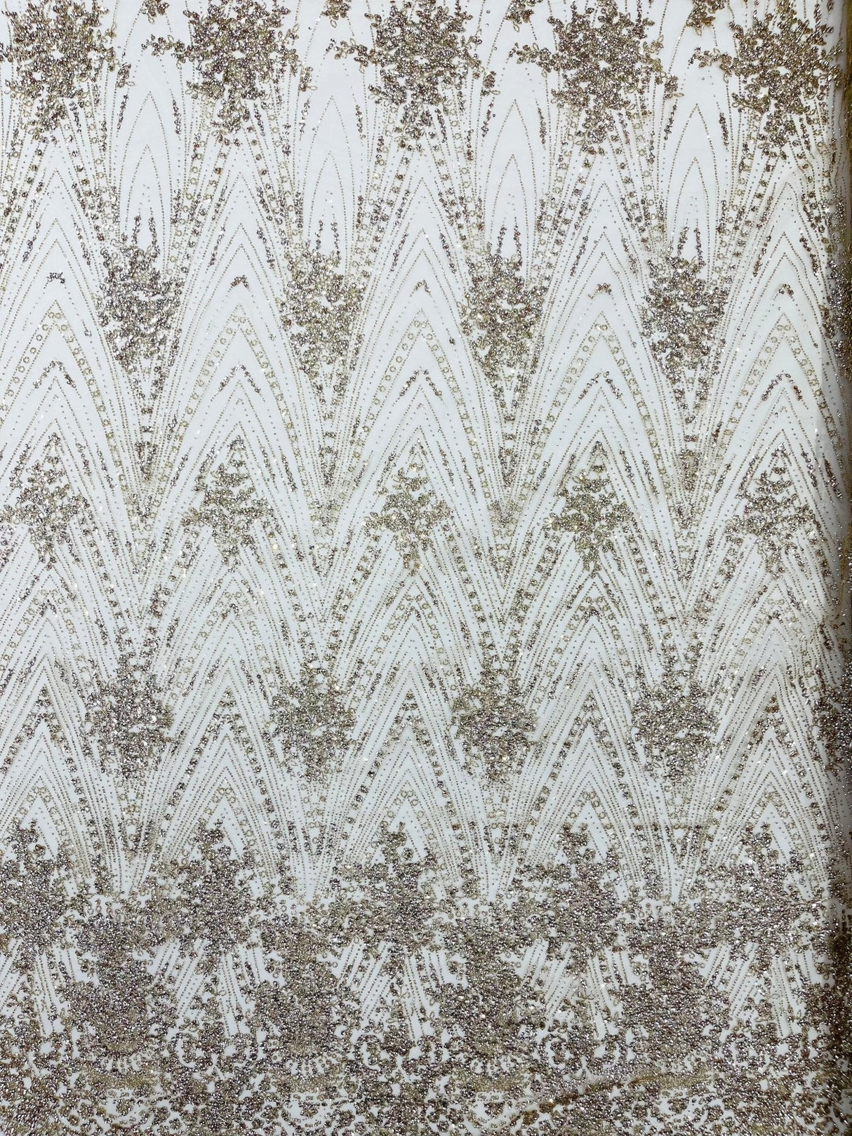 Geometric Damask Glitter Design Mesh Lace Fabric - Brown, Gold, Silver, Champagne, 54" Width (1 Yard)