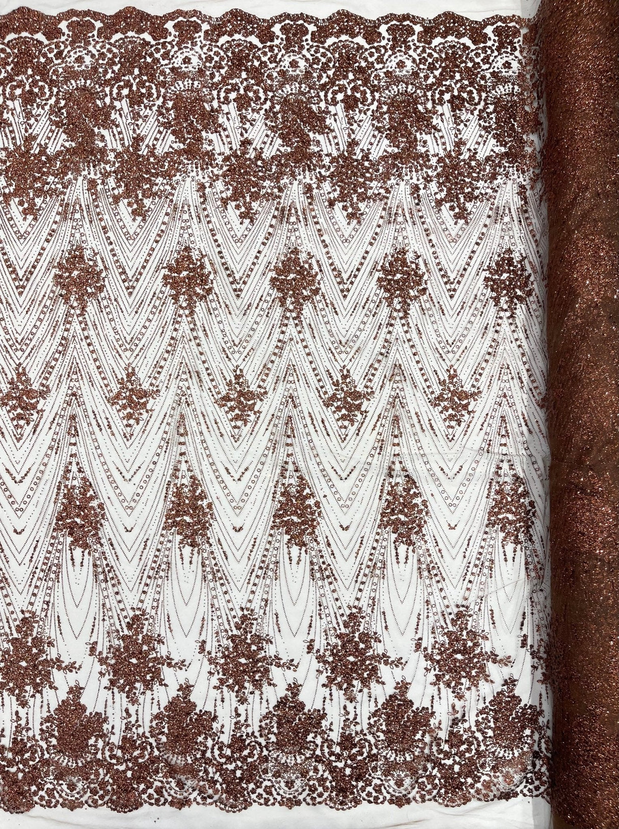 Geometric Damask Glitter Design Mesh Lace Fabric - Brown, Gold, Silver, Champagne, 54" Width (1 Yard)