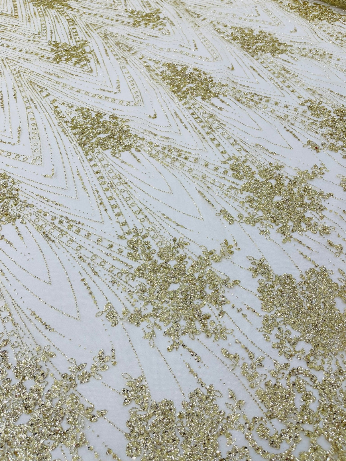 Geometric Damask Glitter Design Mesh Lace Fabric - Brown, Gold, Silver, Champagne, 54" Width (1 Yard)