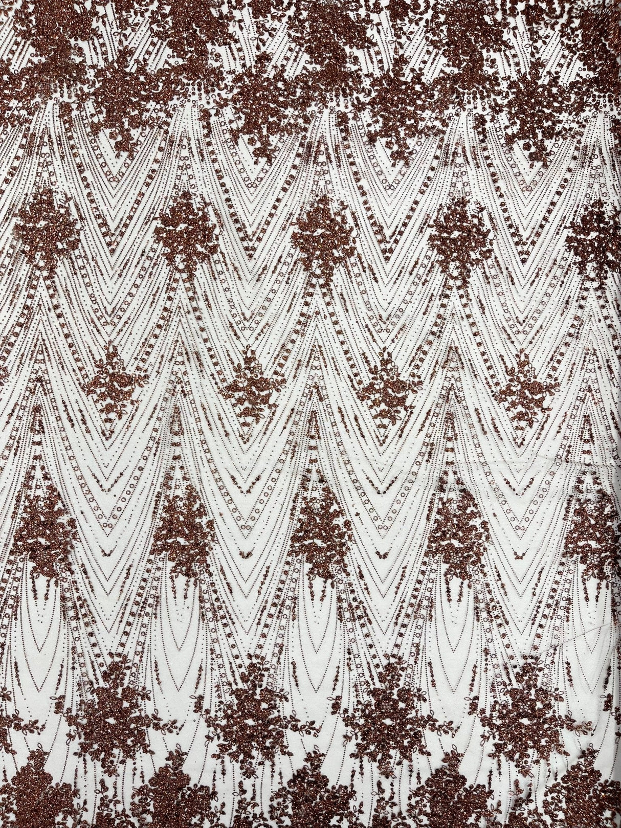 Geometric Damask Glitter Design Mesh Lace Fabric - Brown, Gold, Silver, Champagne, 54" Width (1 Yard)