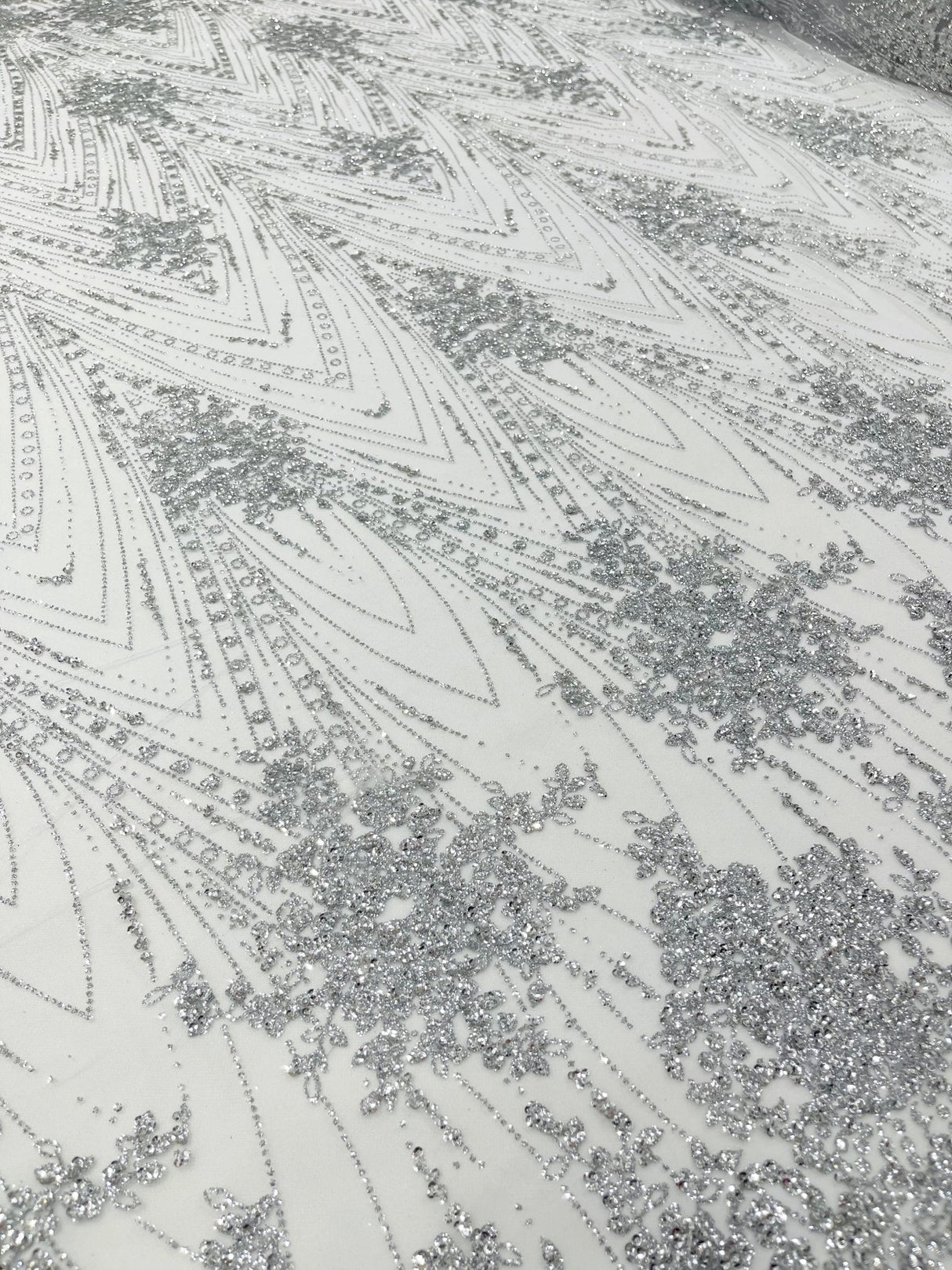 Geometric Damask Glitter Design Mesh Lace Fabric - Brown, Gold, Silver, Champagne, 54" Width (1 Yard)