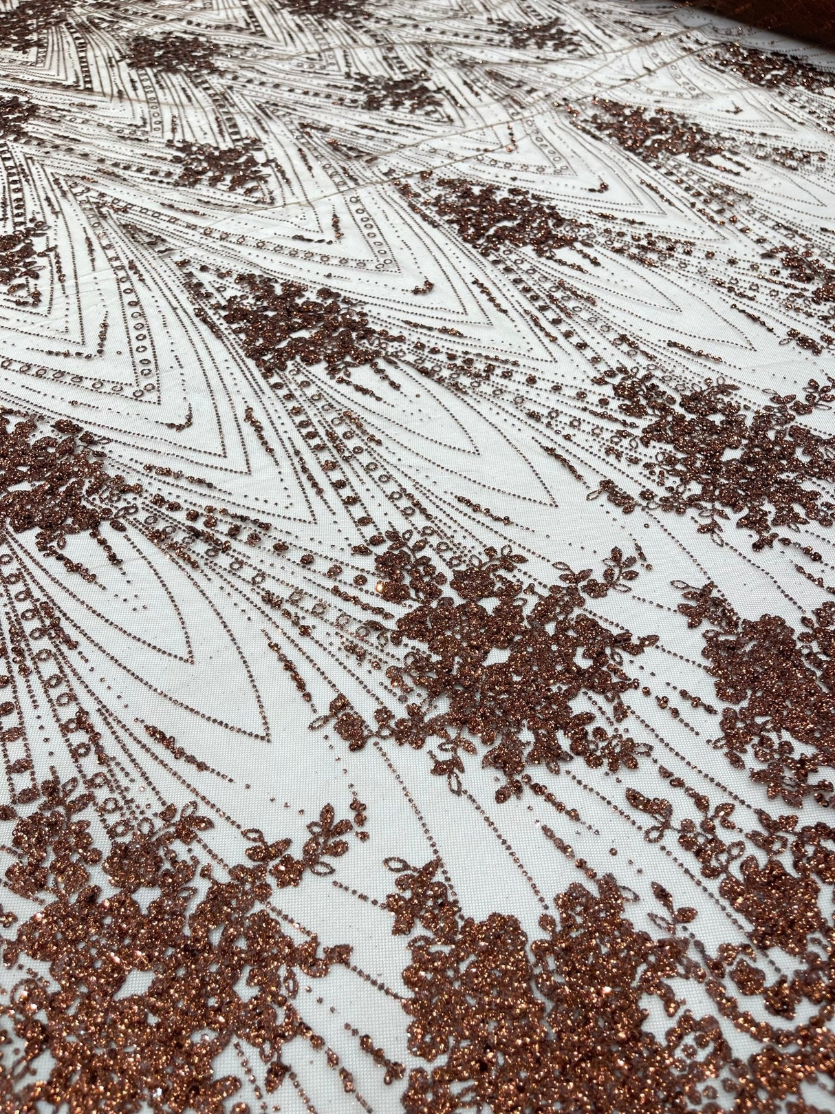 Geometric Damask Glitter Design Mesh Lace Fabric - Brown, Gold, Silver, Champagne, 54" Width (1 Yard)