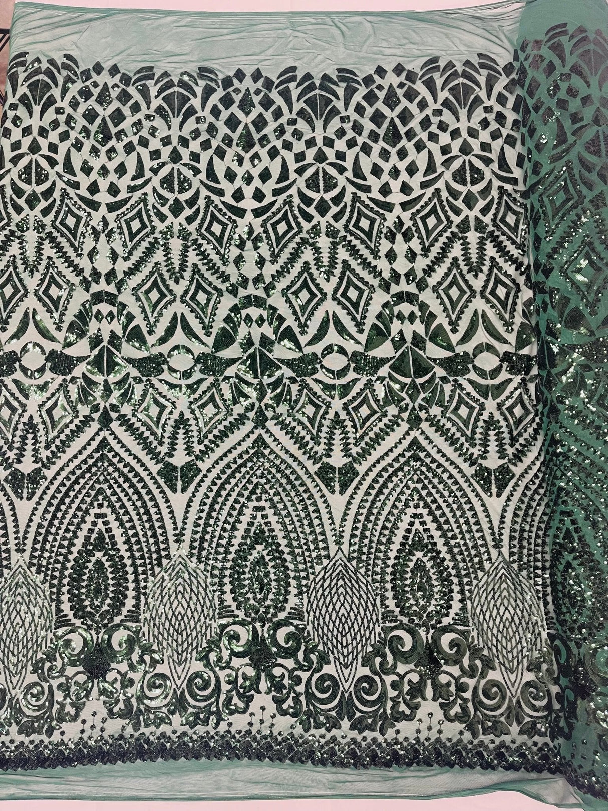 Geometric Diamond Sequin Design Power Mesh Fabric - Iridescent Geometric Diamond Pattern, 54" Width (1 Yard)