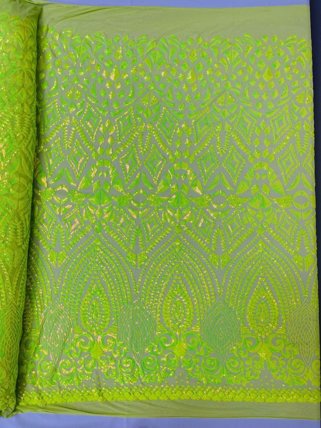 Geometric Diamond Sequin Design Power Mesh Fabric - Iridescent Geometric Diamond Pattern, 54" Width (1 Yard)