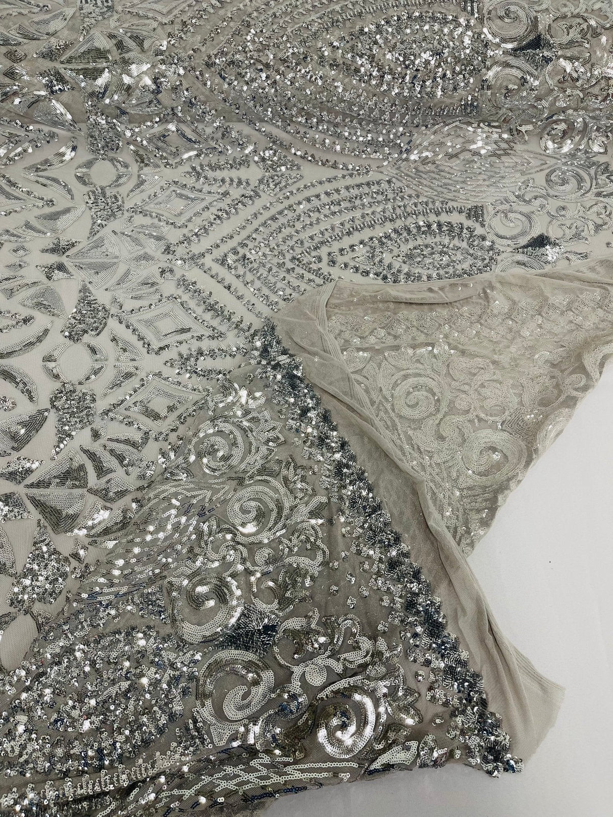 Geometric Diamond Sequin Design Power Mesh Fabric - Iridescent Geometric Diamond Pattern, 54" Width (1 Yard)