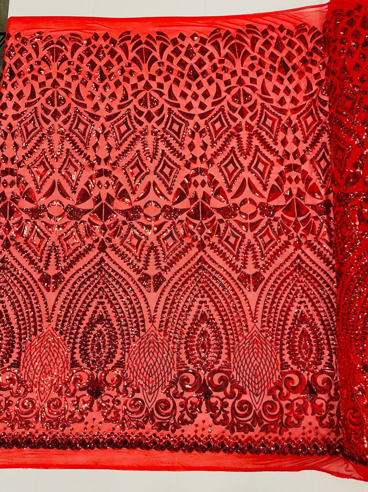 Geometric Diamond Sequin Design Power Mesh Fabric - Iridescent Geometric Diamond Pattern, 54" Width (1 Yard)