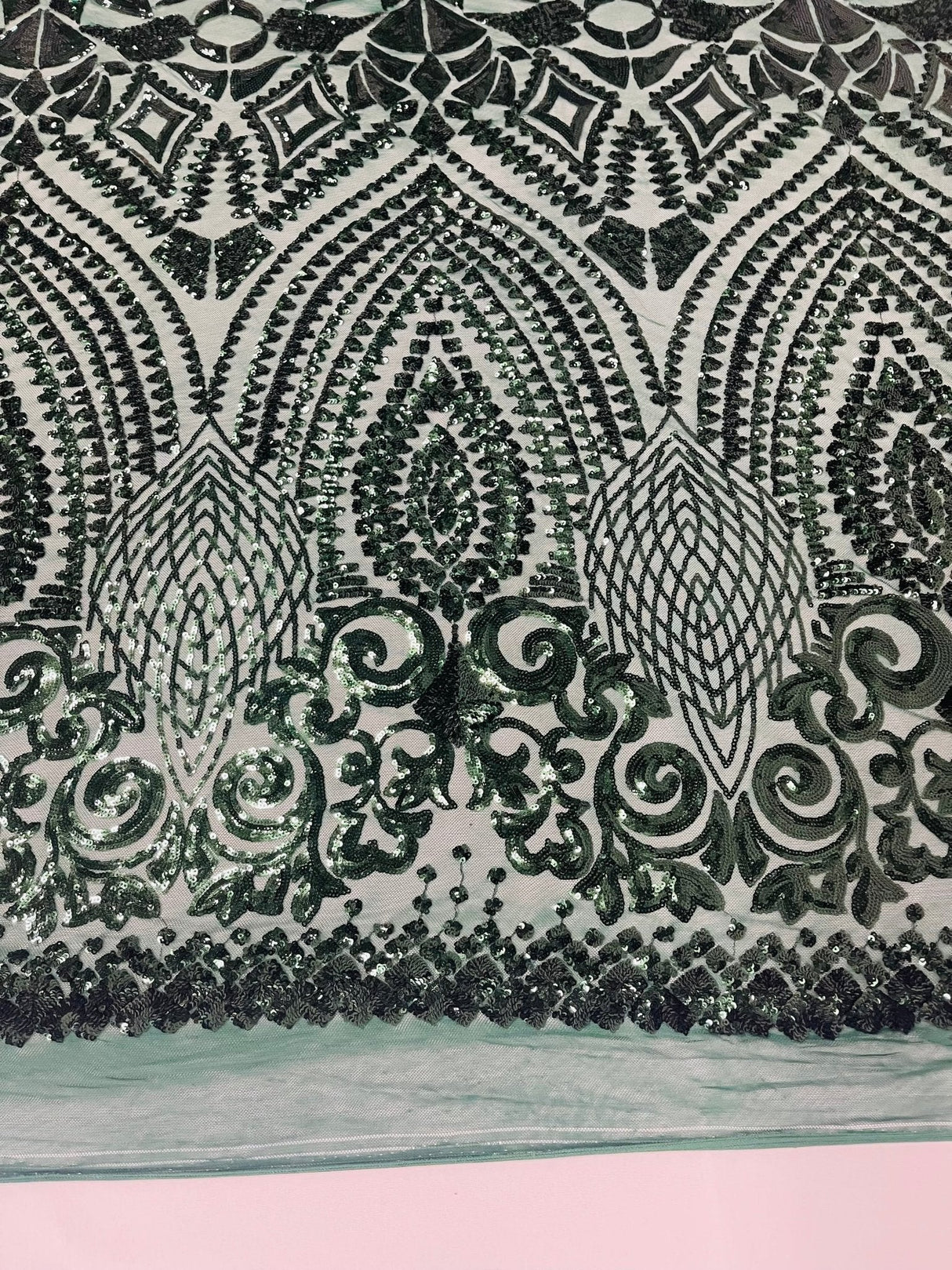 Geometric Diamond Sequin Design Power Mesh Fabric - Iridescent Geometric Diamond Pattern, 54" Width (1 Yard)