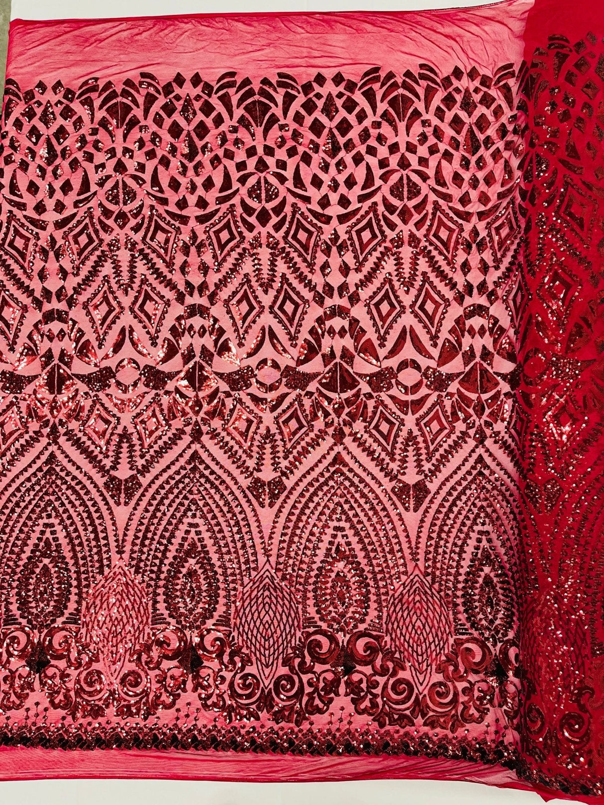 Geometric Diamond Sequin Design Power Mesh Fabric - Iridescent Geometric Diamond Pattern, 54" Width (1 Yard)