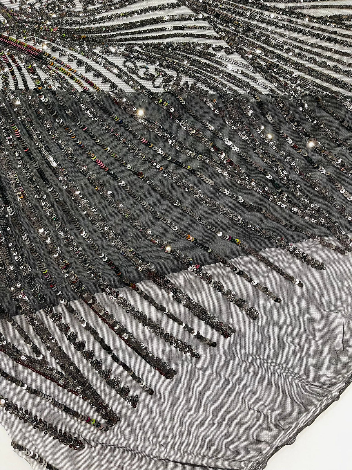 Geometric Feather Wing Polyester Fabric - 4 Way Stretch Mesh, Embroidered Sequins, 54" Width, 36" Length (1 Yard)