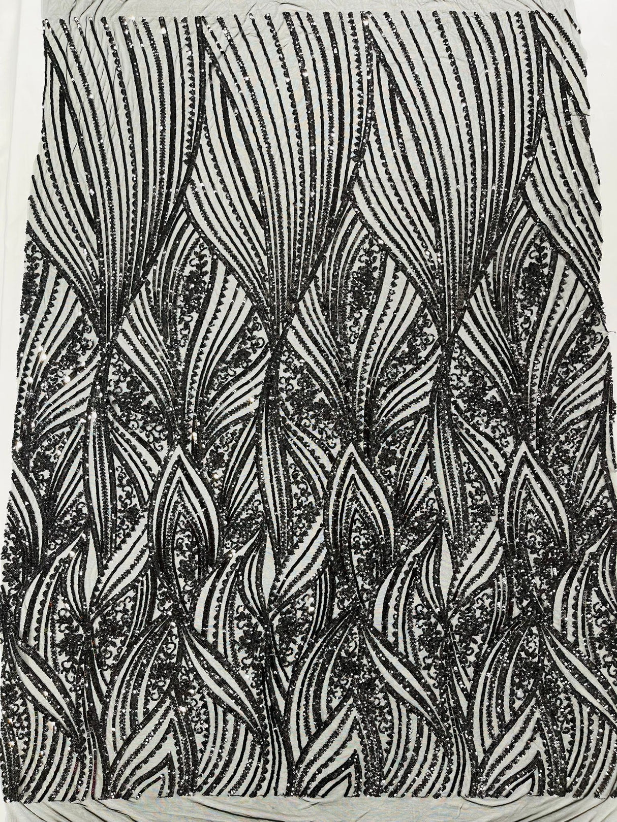Geometric Feather Wing Polyester Fabric - 4 Way Stretch Mesh, Embroidered Sequins, 54" Width, 36" Length (1 Yard)