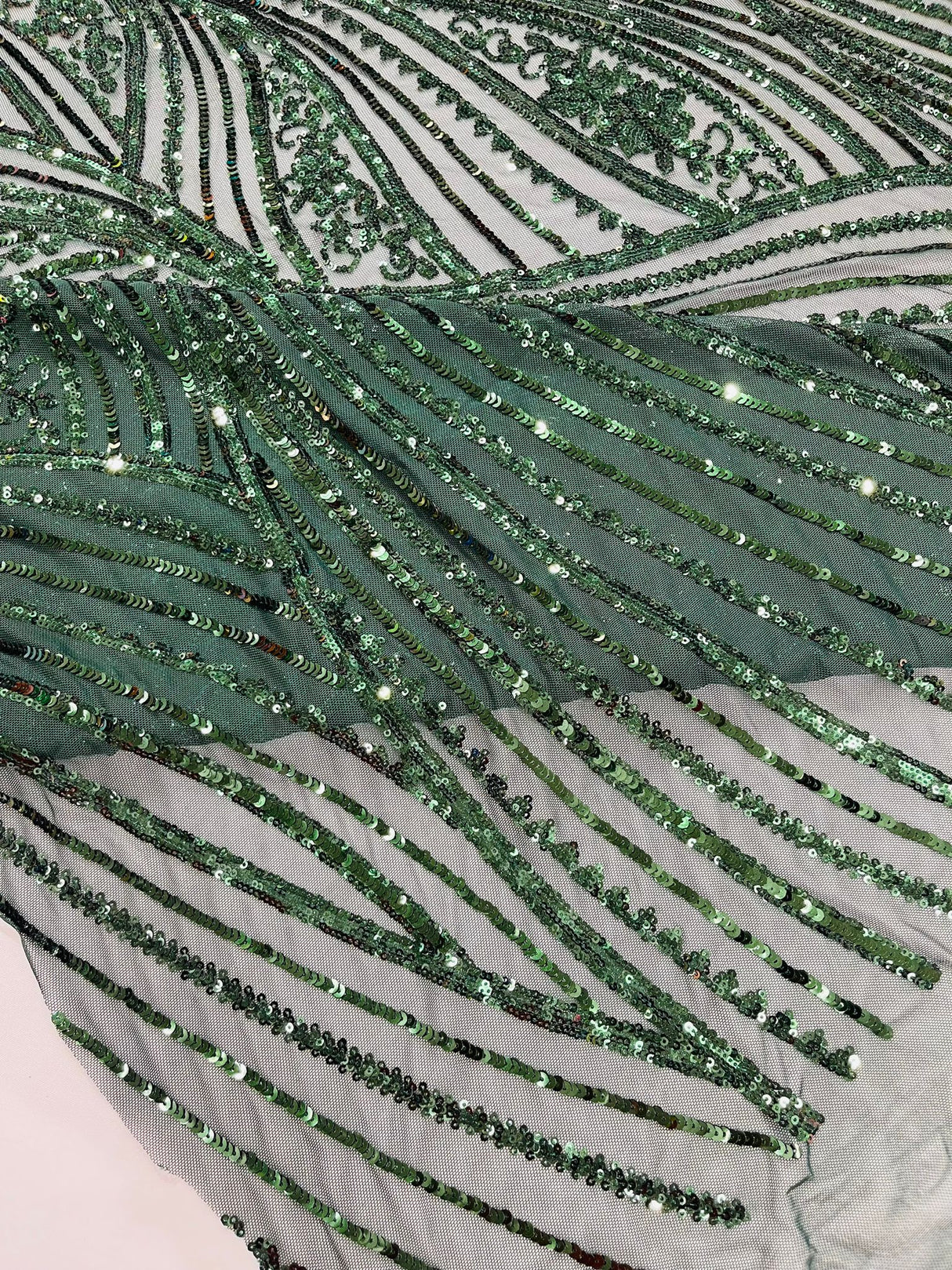 Geometric Feather Wing Polyester Fabric - 4 Way Stretch Mesh, Embroidered Sequins, 54" Width, 36" Length (1 Yard)