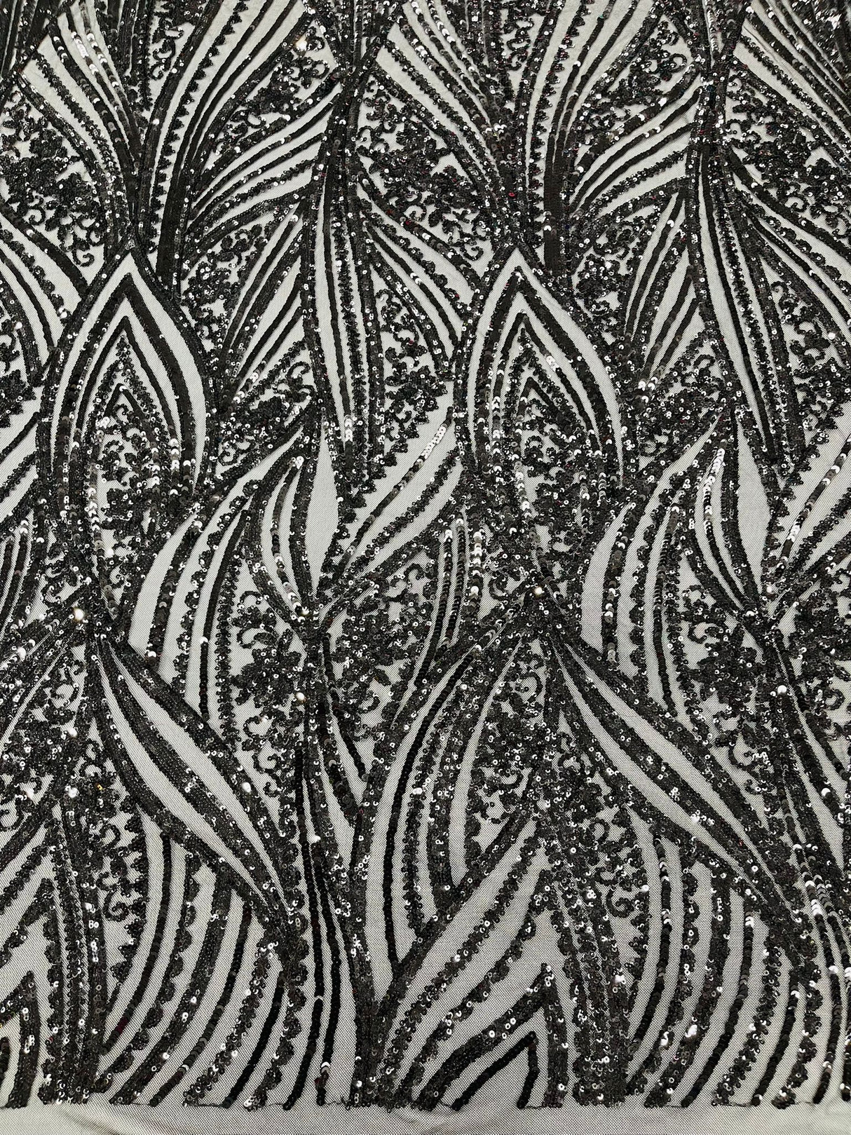 Geometric Feather Wing Polyester Fabric - 4 Way Stretch Mesh, Embroidered Sequins, 54" Width, 36" Length (1 Yard)