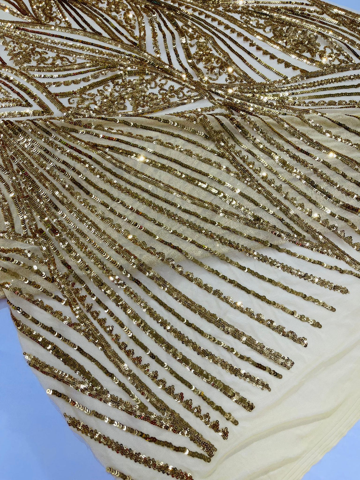 Geometric Feather Wing Polyester Fabric - 4 Way Stretch Mesh, Embroidered Sequins, 54" Width, 36" Length (1 Yard)