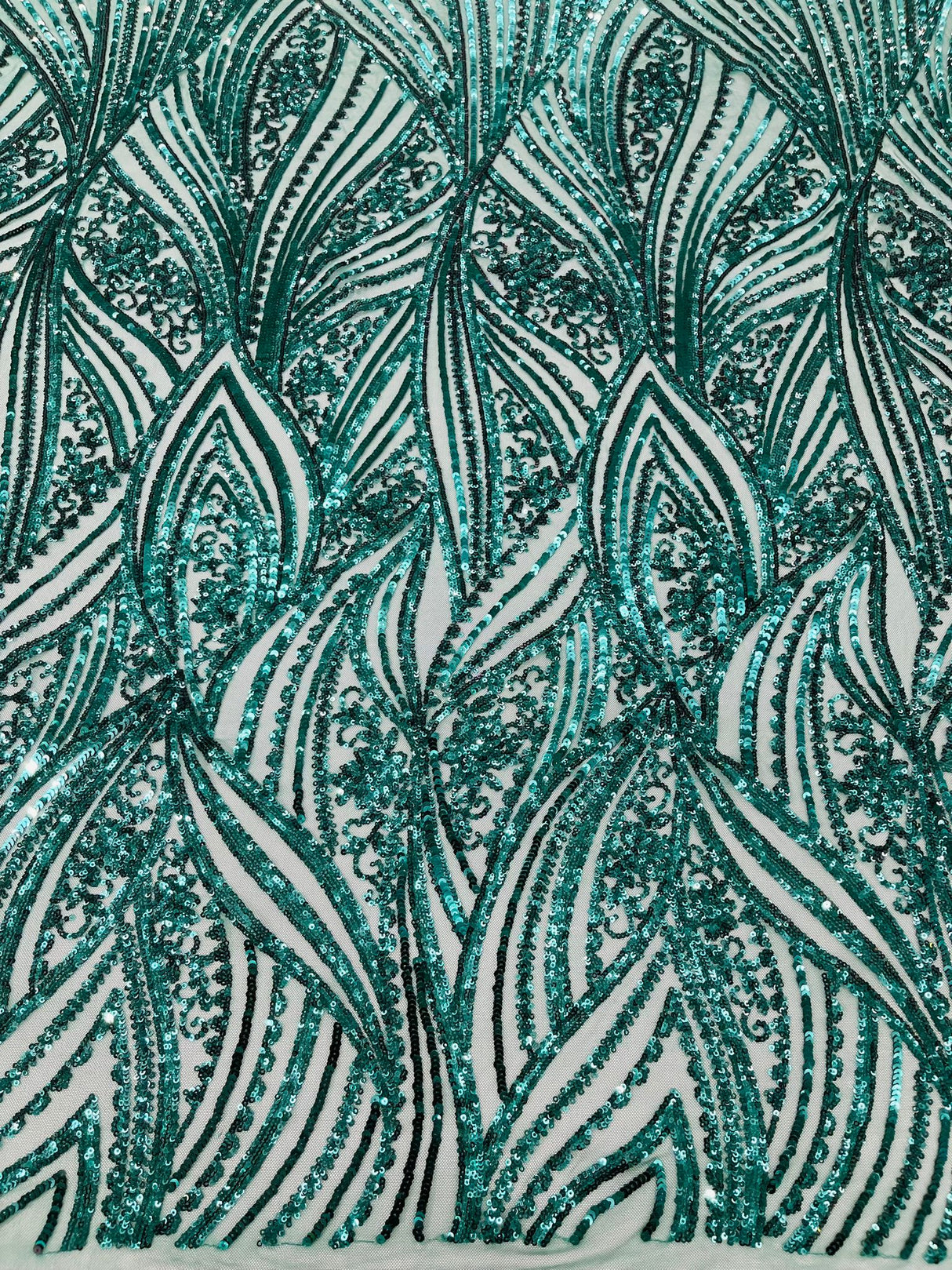 Geometric Feather Wing Polyester Fabric - 4 Way Stretch Mesh, Embroidered Sequins, 54" Width, 36" Length (1 Yard)