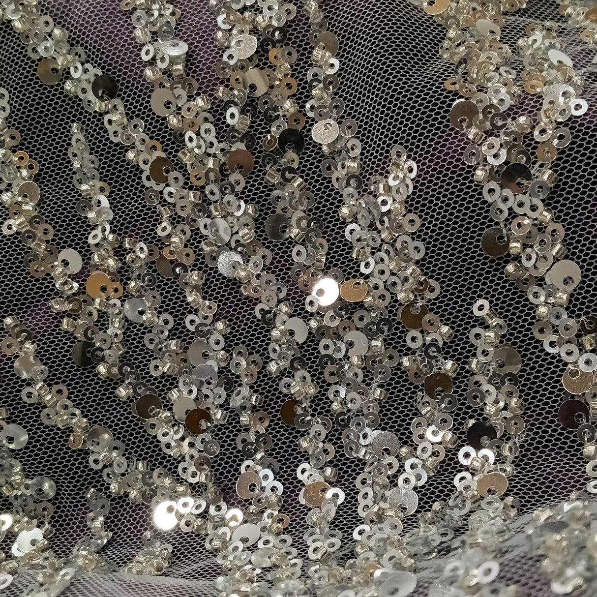 Beaded Sequined Lace Fabric on Polyester Net Mesh