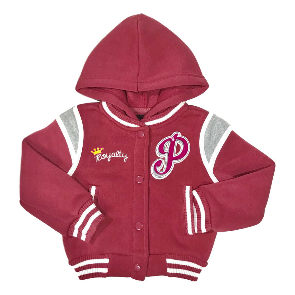 Girls Varsity Jacket - Girls Jacket, Red, Rose, Honey, Plumb, Black, Snap Button Closure, Hood (1 Piece)